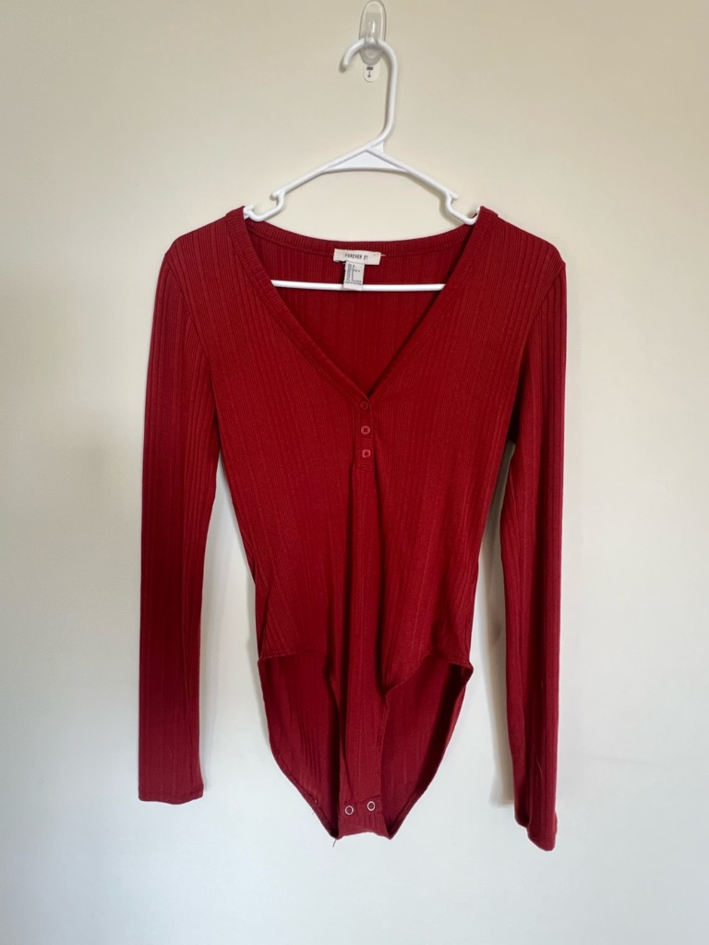 Forever 21 Burgundy Ribbed V-Neck Long-Sleeve Bodysuit